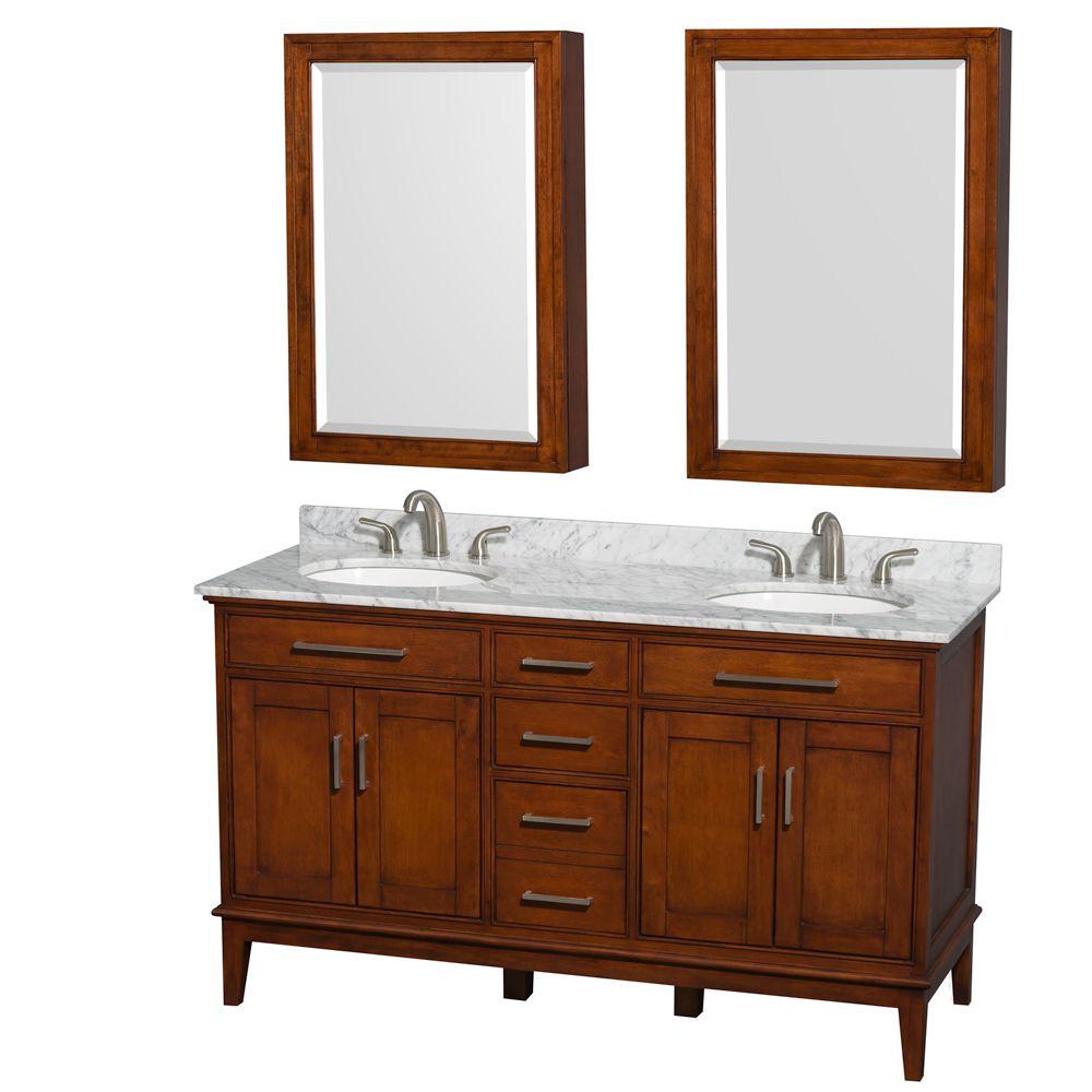 Wyndham Double Vanity Light Chestnut Marble Top Round Sink Medicine Cabinet Bathroom Furniture Sets
