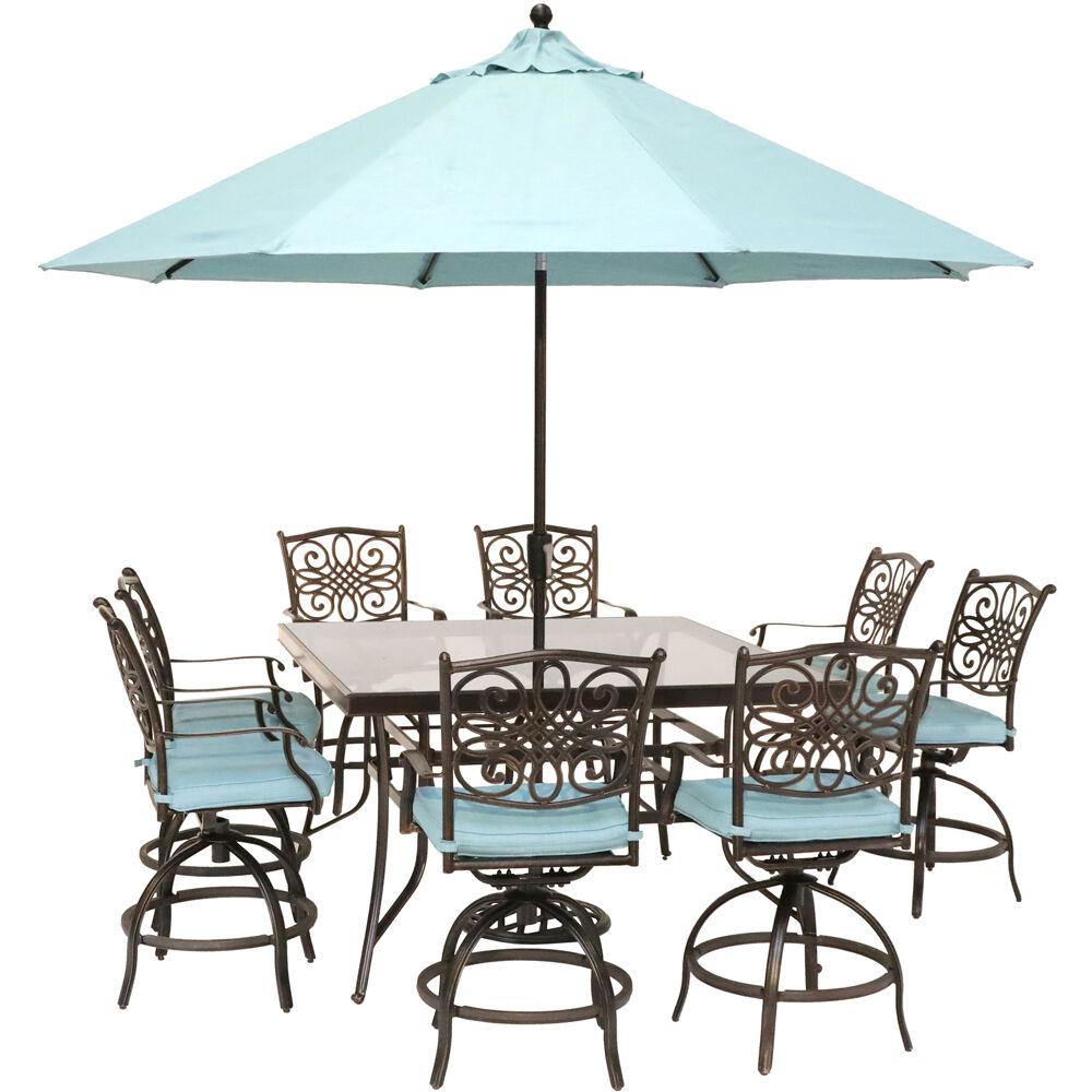 Hanover Outdoor Set Swivel Chair Glasstop Table Umbrella 42